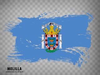 Sticker - Flag of Melilla brush strokes. Waving Flag Autonomous City Melilla on transparent background for your web site design, app, UI. Kingdom of Spain. Stock vector.  EPS10.