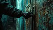 A man in a black jacket on a background of an old rusty door. A close-up of a gloved hand gripping a crowbar, poised to pry open a rusty door, framed against a backdrop of dimly lit alleyways. 