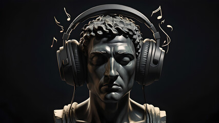 god listens to music, the head of an abstract fictional ancient male statue in modern music headphones, listens to music on a dark background, classical music