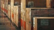 New, clean cardboard boxes in a row with text and stamps, in a postal warehouse. Photorealistic.