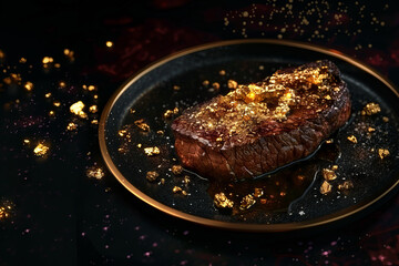 A beef steak with gold in a plate. Luxury restaurant dish. Dark burgundy color background, top view. 