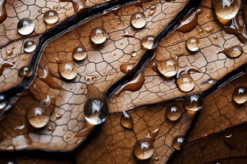 Rain droplets magnifying intricate details on oak bark