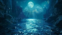 A Serene Moon Casts Its Silvery Light Over Mystical Midnight Waters, Flanked By Waterfalls And Ethereal Foliage In A Tranquil Nocturnal Scene.