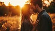 Romantic couple kissing outside at sunset