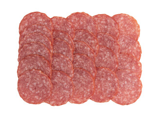 Wall Mural - pieces of sliced salami sausage laid out to create layout, salami sausage slices isolated