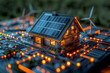 A highly detailed miniature smart house glows amidst an intricate network grid, showcasing a futuristic vision of sustainable living with solar and wind power