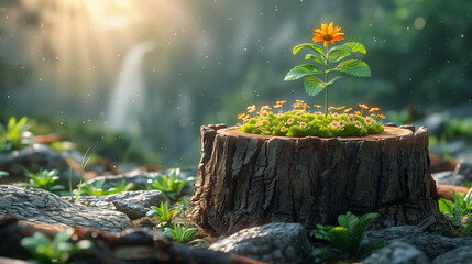 Canvas Print - Renewal: Young Tree Emerging from Old Tree Stump