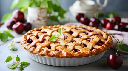 Wall Mural - Freshly baked sweet and tart cherry pie on blurred white kitchen background with space for text