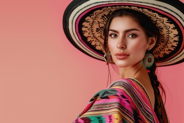 Wall Mural - Beautiful young mexican woman wearing sombrero and poncho on pink background