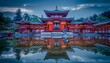 Japanese temple reflected peacefully in lake, world heritage day banner