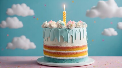 Birthday cake decorated with colorful sprinkles and ten candles blue background
