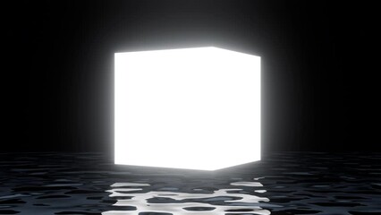 Abstract neon geometric cube shape flying on water surface. Fashion dark background. Modern 3d animation.