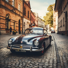 Canvas Print - Vintage car parked on a cobblestone street.