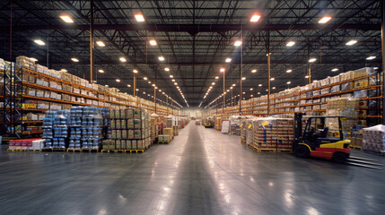 Wall Mural - Interior modern logistics warehouse, a hub of supply chain efficiency, racks and pallets of goods, inventory management and storage solutions, transportation, warehouse, logistics management, shipping