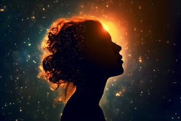 Wall Mural - State of mind concept. Dark woman silhouette in black sky with stars background. Stargazing. Woman black silhouette in colorful cosmos background