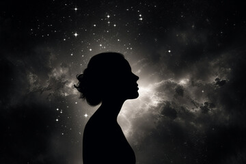 Wall Mural - State of mind concept. Dark woman silhouette in black sky with stars background. Stargazing. Woman black silhouette in colorful cosmos background
