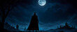 The moon over the castle. A man wearing a fedora and a long cape stands alone in the night sky with a full moon. Illustration of Dracula's back.