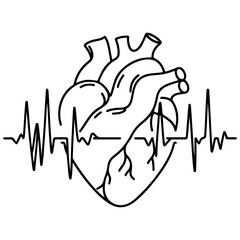 Heart beat with Wave graph pulse. Medicine concept. Continuous single black Lines drawing of doodle hand drawn Heart cardiogram icon Symbol in linear style Vector