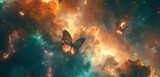 Holographic butterflies in a cosmic landscape of teal and peach.