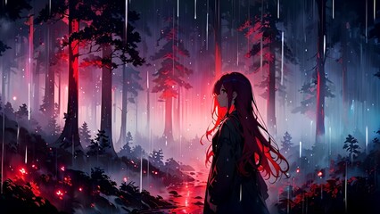 Wall Mural - Anime girl against a background of forest, fog, red glow, rain.