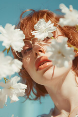 Poster - Portrait of redhead girl with glasses surrounded by daisies