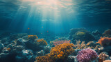 Fototapeta Do akwarium - Underwater Coral Reef in Sunlit Ocean Depth
Sunlight filters through the ocean, illuminating the intricate details of a vibrant underwater coral reef ecosystem.
