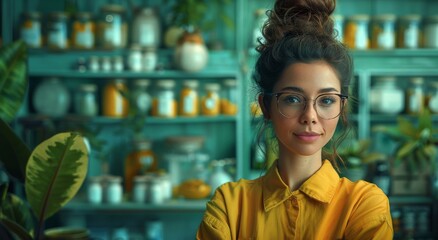 Wall Mural - A young woman with a radiant smile stands in an indoor store, her glasses adding a touch of sophistication as she holds a bottle and stands next to a shelf of plants, exuding confidence and style in 