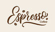 Espresso coffee, hand lettering. Vector hand drawn logo design. Modern calligraphic text.