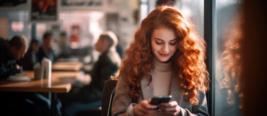 Gorgeous redhead influencer blogger chatting with her followers on social media at a cafe using her smartphone.