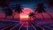 Tropical Sunset With Retro Synthwave Aesthetic Over Grid Landscape