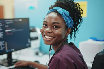 Wall Mural - Woman sitting at desk with computer