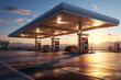 Gas station with sunset sky background. 3d rendering.