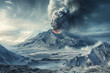 Erupting volcano in a snowy landscape. Concept of natural disasters.