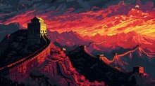 Great Wall Of China Sunset In Red And Orange Wallpaper Background