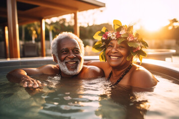 Joyful senior couple enjoying a blissful moment in a sunlit hot tub