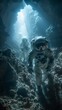 © AlexCaelus - Space suited archaeologists uncovering artifacts in the underwater caves of a moon