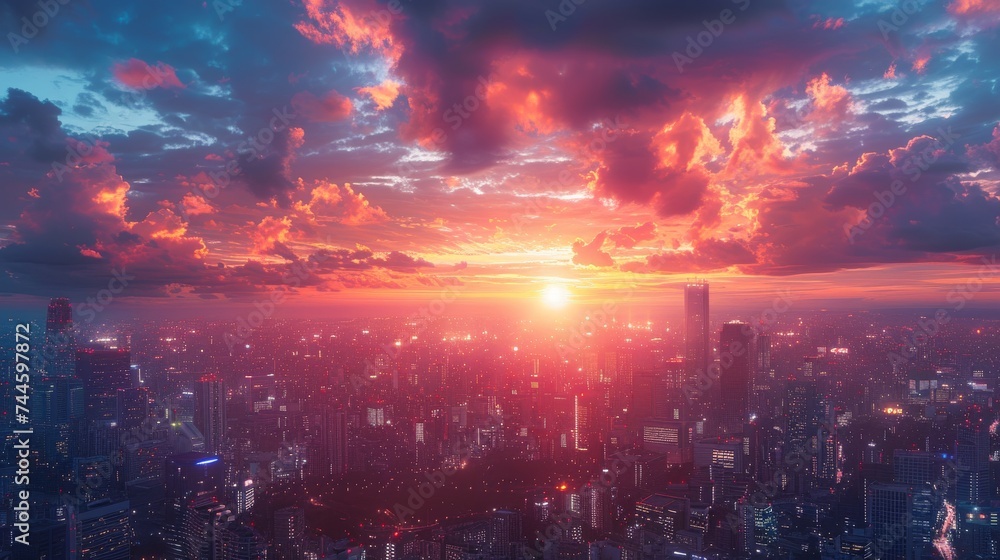 Futuristic cityscape with blockchain nodes weaving through prophetic visions in the sky vibrant colors