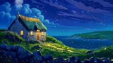 A Quaint Irish Thatched Cottage Nestled In The Green Countryside, Views Of Rolling Hills At Night. Fantasy Landscape Anime Or Cartoon Style, Seamless Looping 4k Time-lapse Video Animation Background