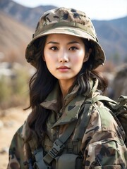 Wall Mural - Portrait of a beautiful female korean soldier wearing camouflage on a base camp background from Generative AI