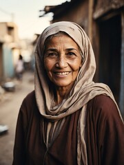 Portrait of smiling elderly arab woman on poor slums area background from Generative AI