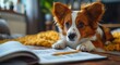 A beloved welsh corgi cozily lounges atop a well-read book, embodying the perfect blend of domestication and intelligence