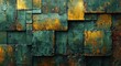 A vibrant, corroded metal canvas, bursting with hues of green and yellow, evoking a sense of eclectic beauty and decay