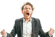 © Kowit - Young businessman in a suit screaming, expression of stress, frustration, or announcement.
