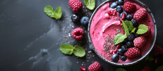 Bright and nutrient-rich smoothie bowl with berries and nuts on top, healthy eating, vegetarianism and diet concept, banner, copy space