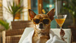 chihuahua dog relaxing and lying, in spa wellness center ,wearing a bathrobe and funny sunglasses, drinking a martini cocktail, international pet day
