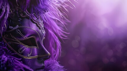 Background on the theme of the Mardi Gras holiday. Purple color palette Feathers Masks