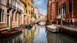 Panoramic view of a canal with boats in Venice, Italy