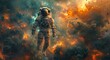 A lone astronaut faces danger and destruction as fire and smoke engulf their spaceship in the vast emptiness of space
