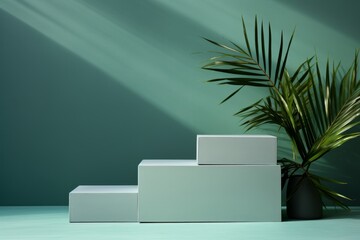 Luxuriously minimal summer fashion showcase. green beauty podium with abstract plant display