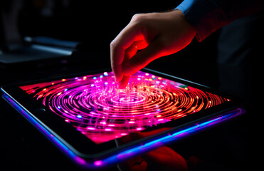 Wall Mural - Man touching tablet with glowing red and blue spiral